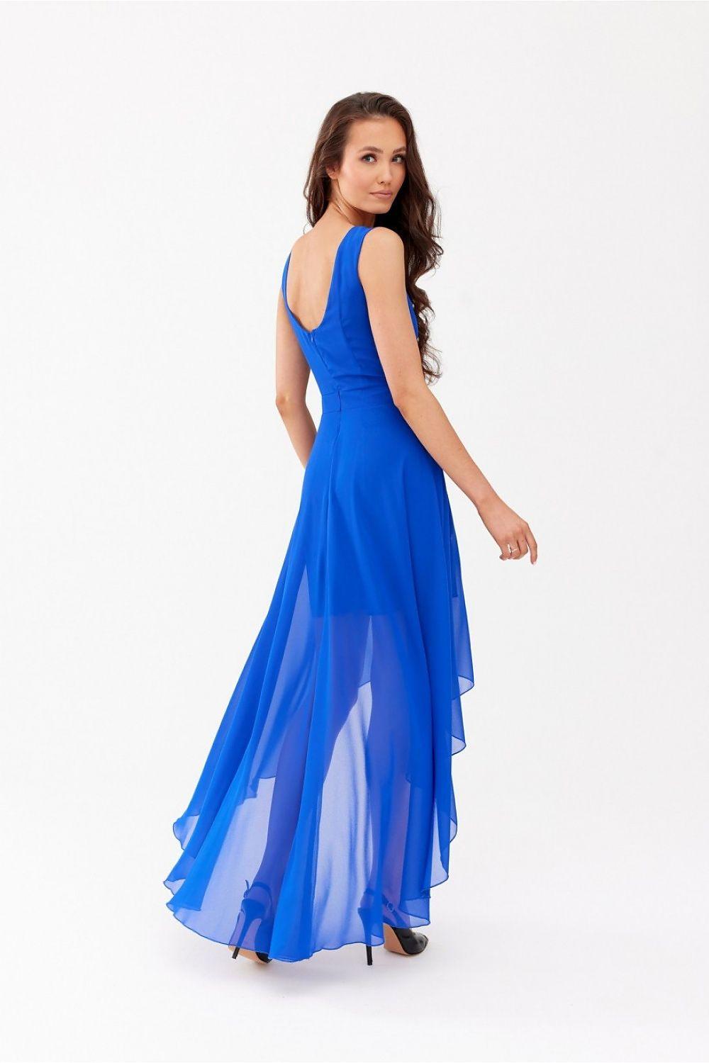 Blue evening dress with V-neck sleeveless design and layered long skirt
