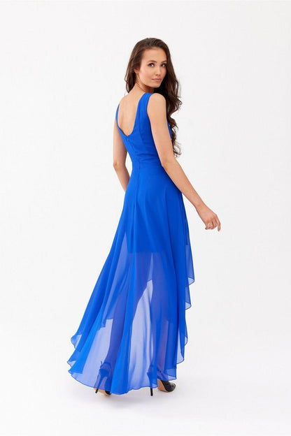 Blue evening dress with V-neck sleeveless design and layered long skirt