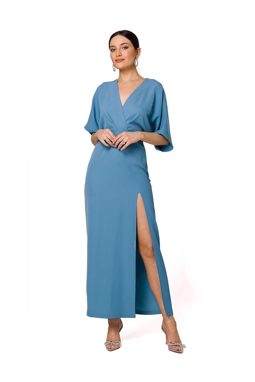 Blue evening dress with V-neck, kimono sleeves, and high side slit at the hem