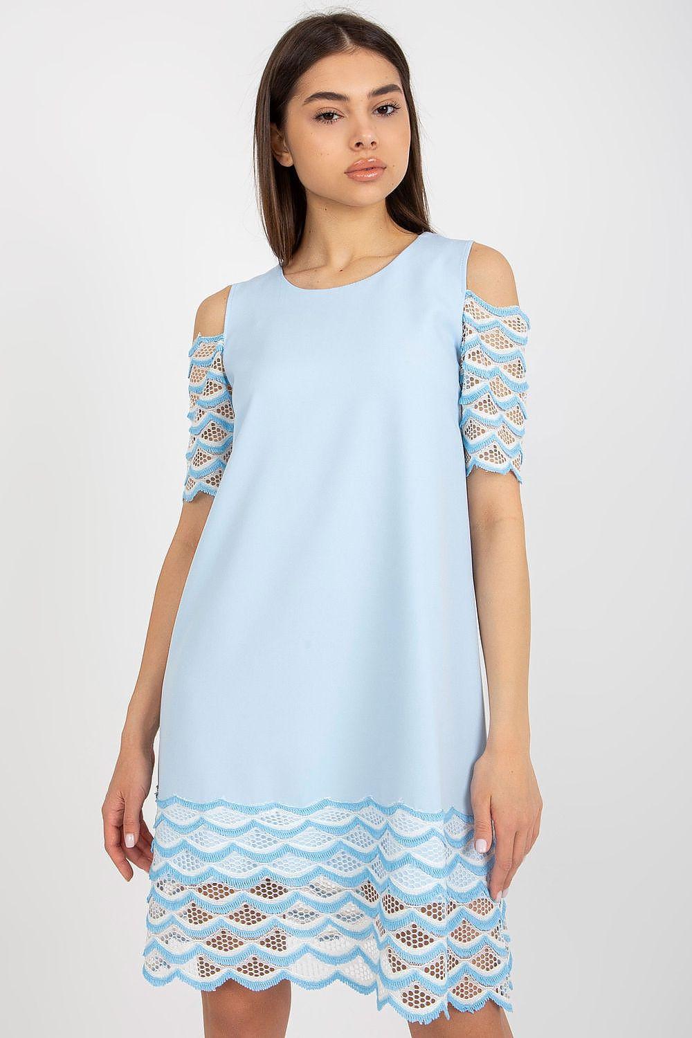 Light blue cocktail dress with openwork sleeves and scalloped lace hem