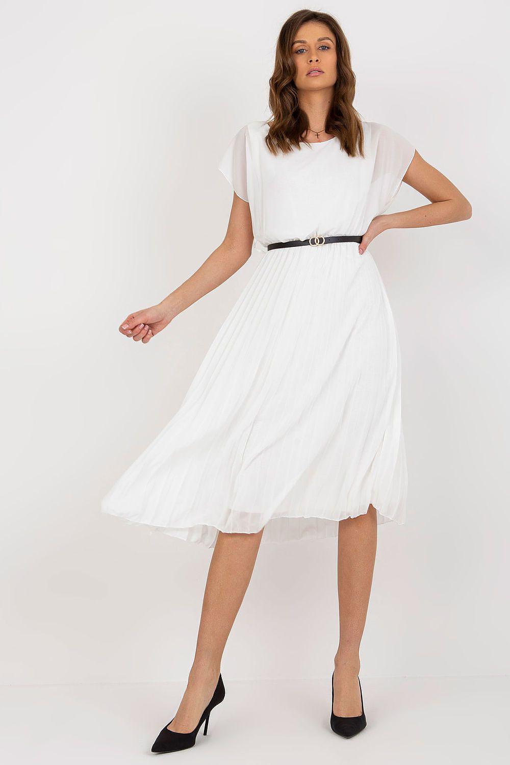 White pleated midi cocktail dress with short sleeves and waist belt