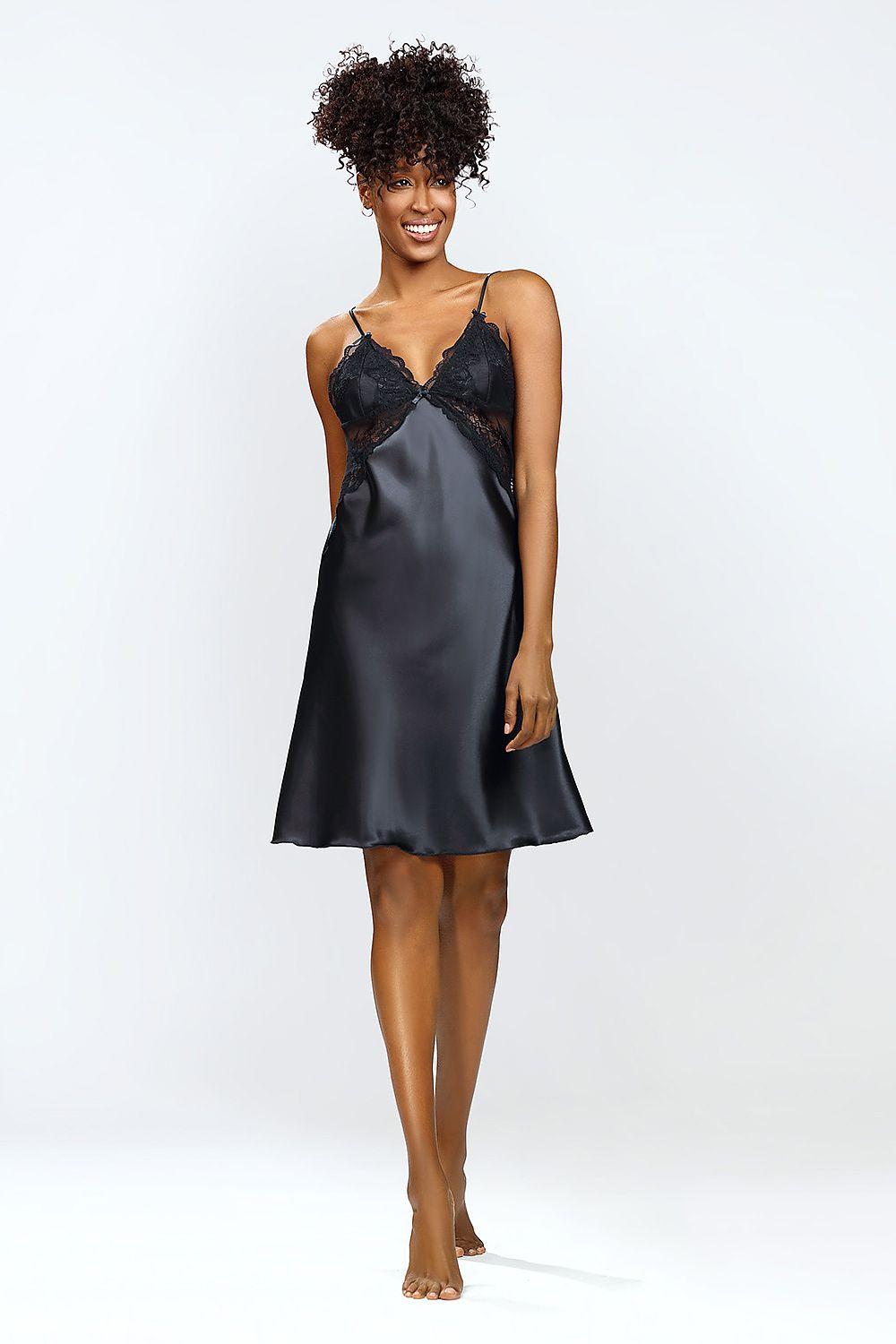 Black satin chemise with lace trim and V-neck, adjustable straps