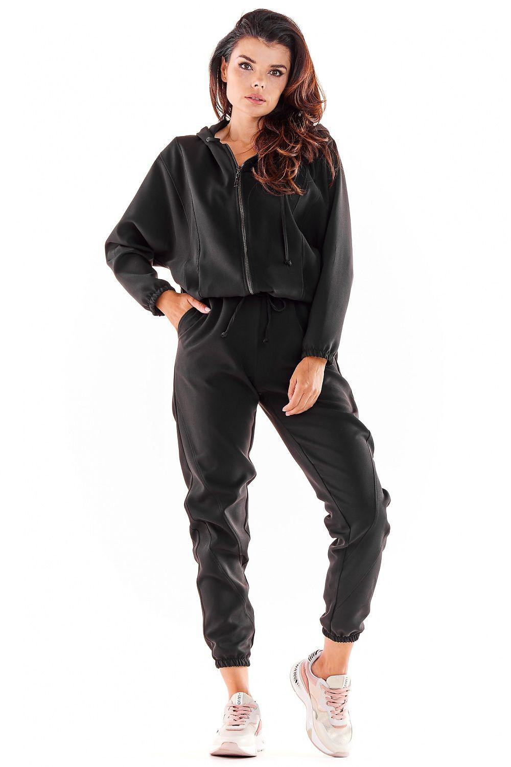 Awama tracksuit trousers, black jogger-style with elastic cuffs and drawstring waist