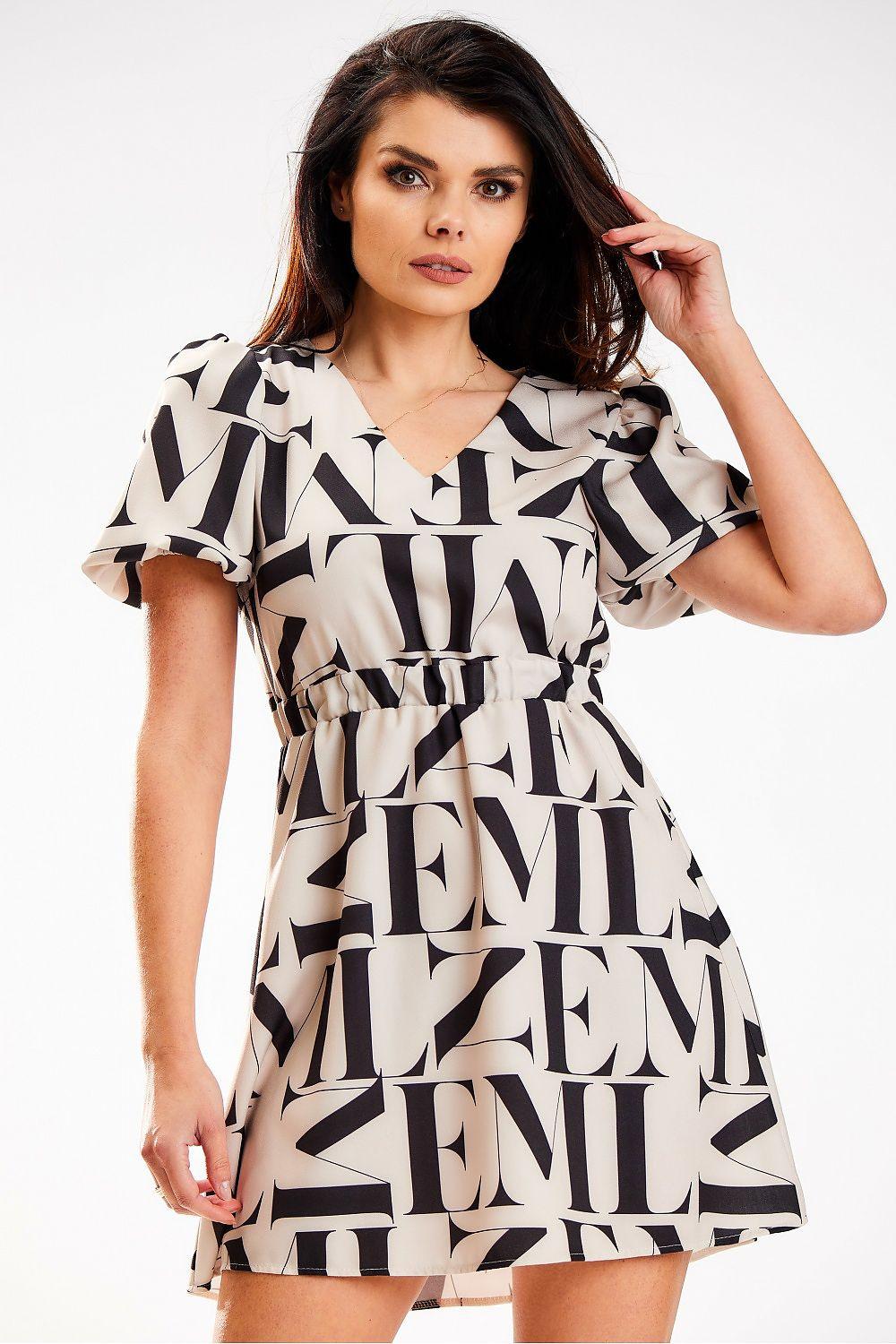 Beige daydress with black typographic print, V-neck, short sleeves, belted waist