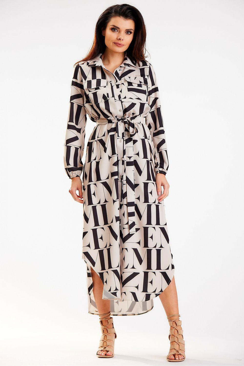 Awama daydress with beige and black letter print, long sleeves, tie waist