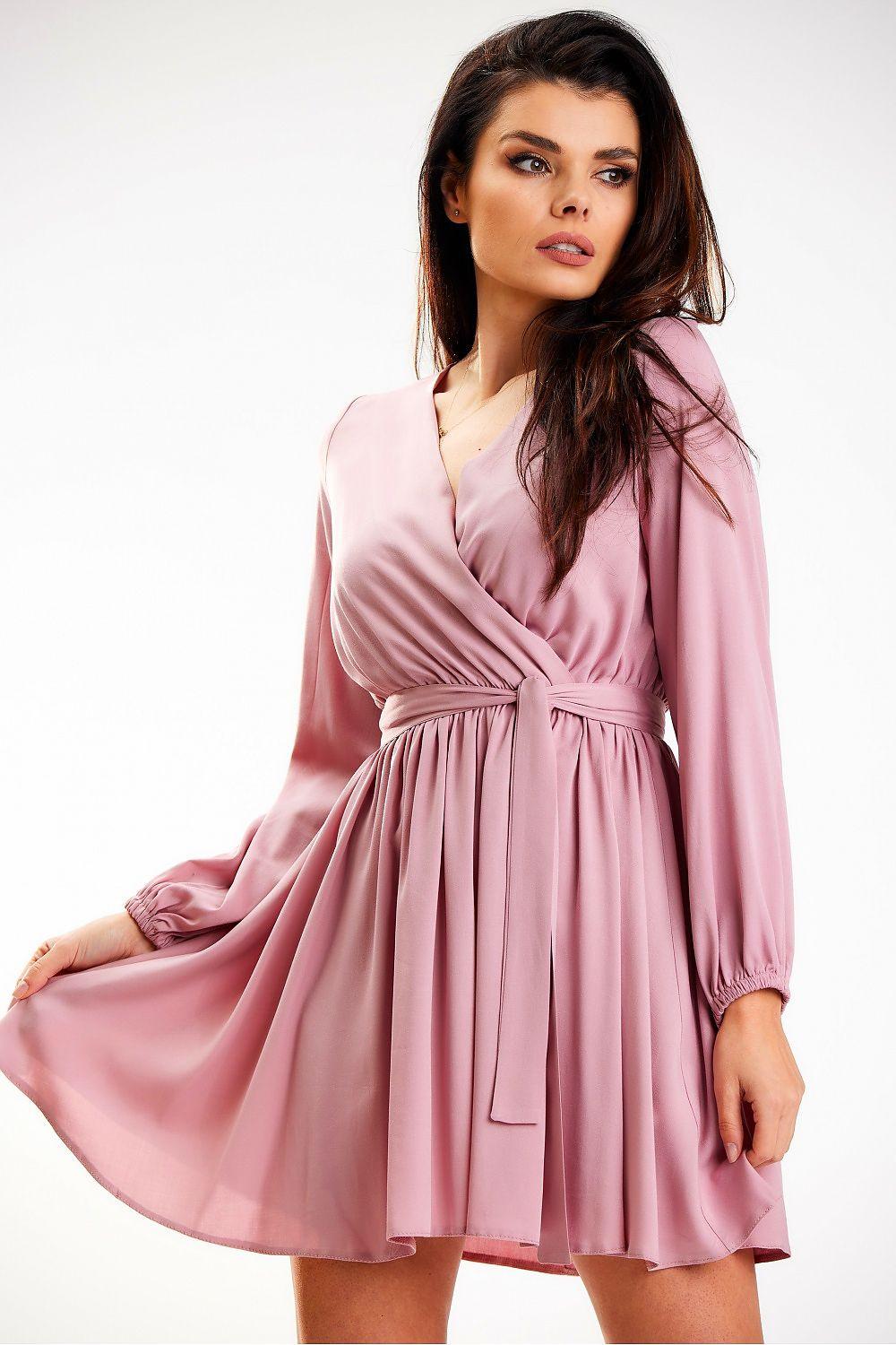 Pink short daydress with V-neck, gathered waist, long puff sleeves, pleated skirt