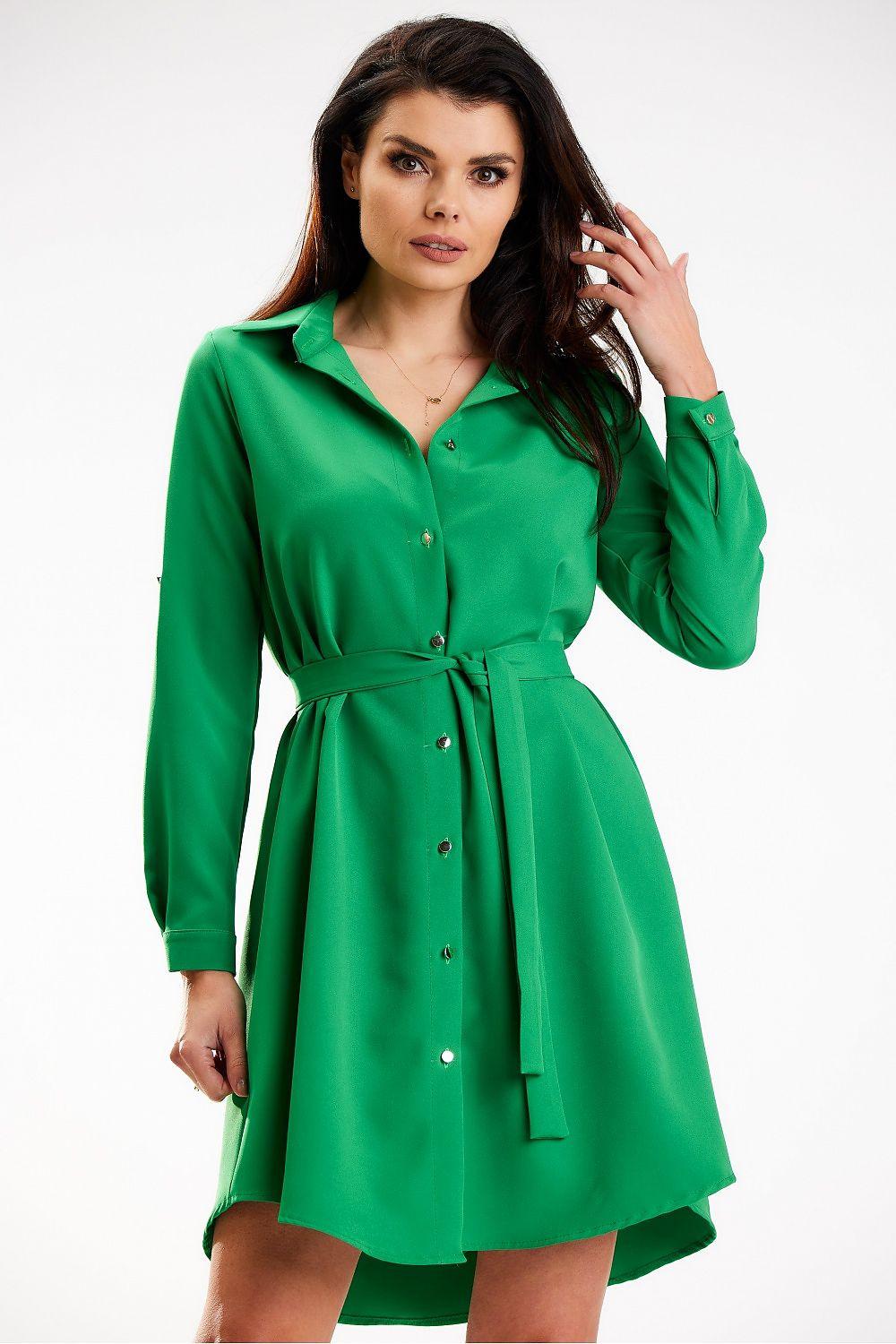 Green button-front shirt daydress with long sleeves and waist tie belt