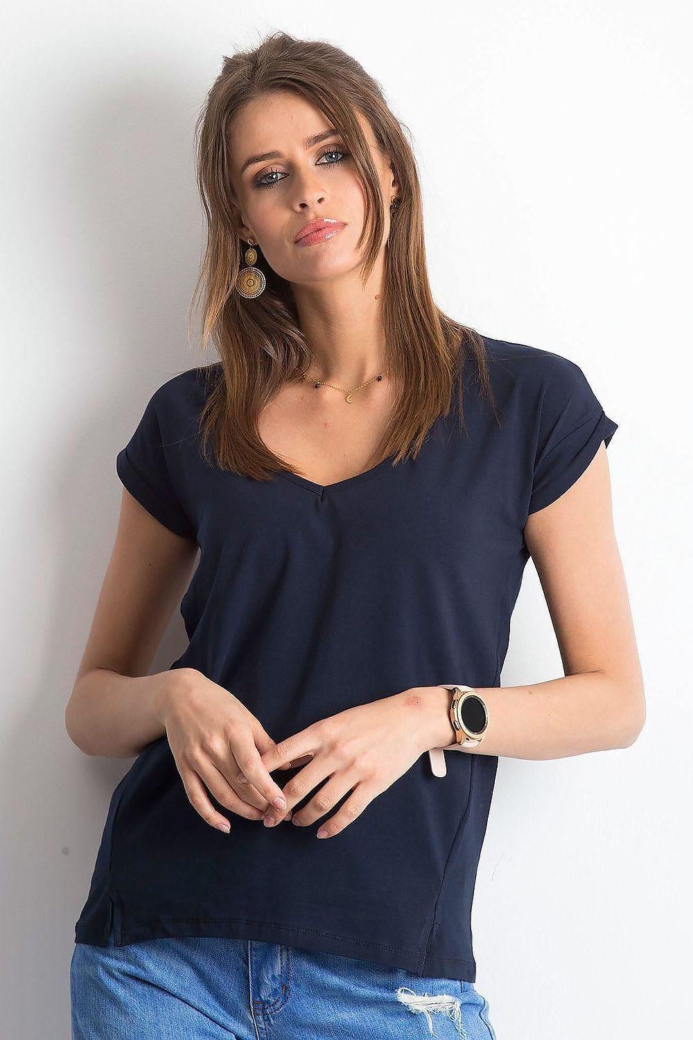 Women's V-neck T-shirt, short-sleeve navy blue knit