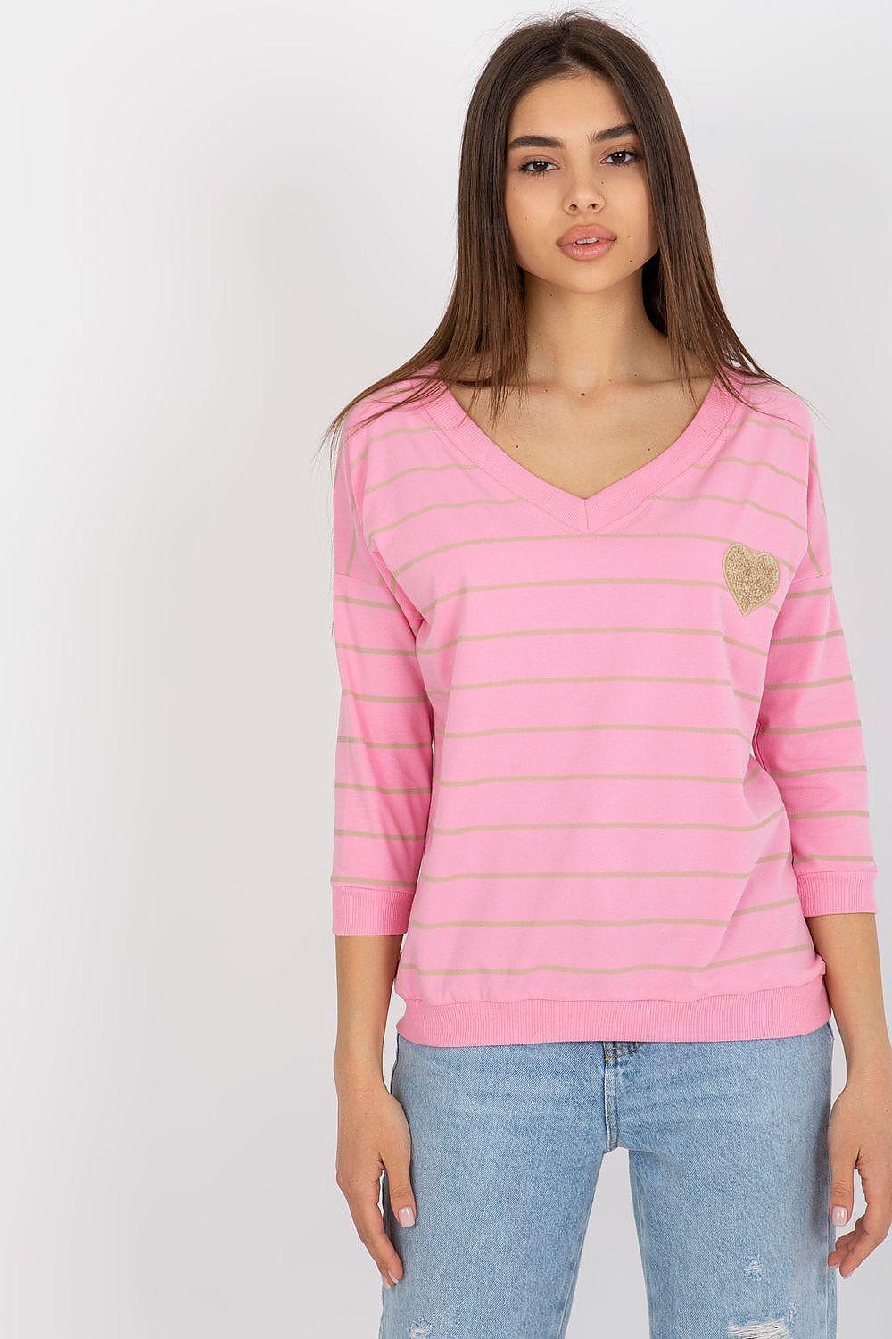 Pink striped V-neck blouse with patch detail at chest, 3/4 sleeves
