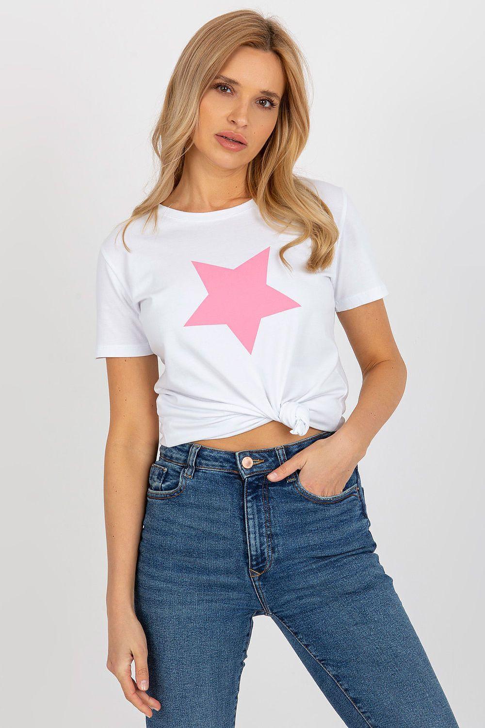 Women's cotton T-shirt, white with pink star graphic on the front