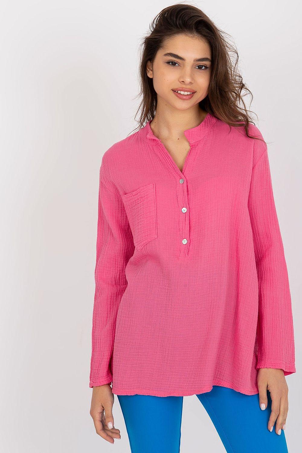Pink cotton muslin blouse with button front and long sleeves