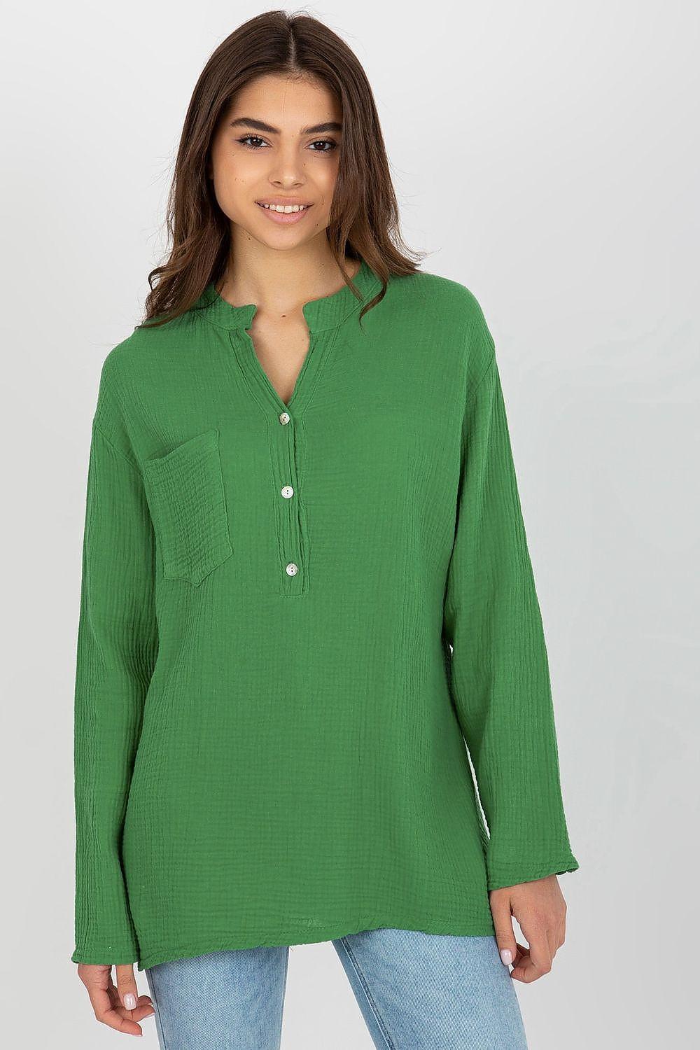 Green cotton muslin blouse with V-neck and button front, long sleeves