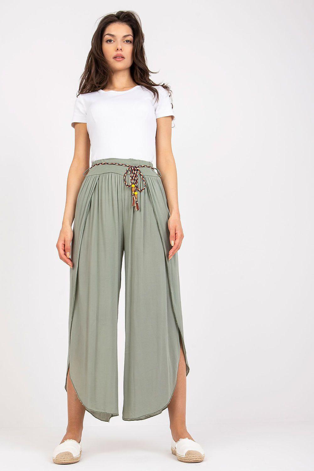 Women olive-green wide-leg trousers with elastic waist and tassel tie
