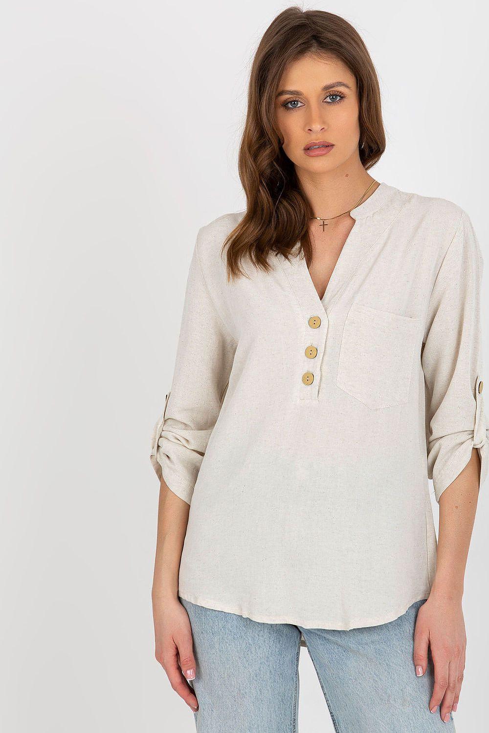 Rue Paris heart-neck blouse with button placket and rolled sleeves, beige