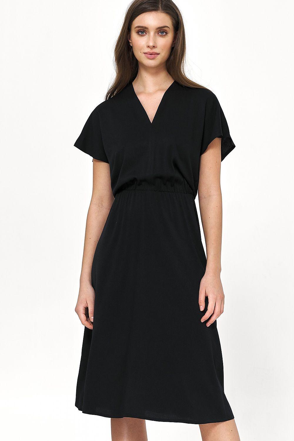 Nife daydress model 179188 in black, V-neck short sleeves, gathered waist, midi length
