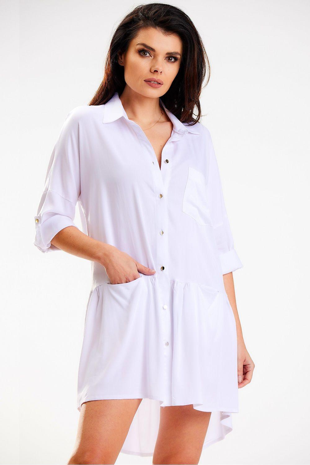 White shirt-style daydress with collar, button front, and tiered skirt hem