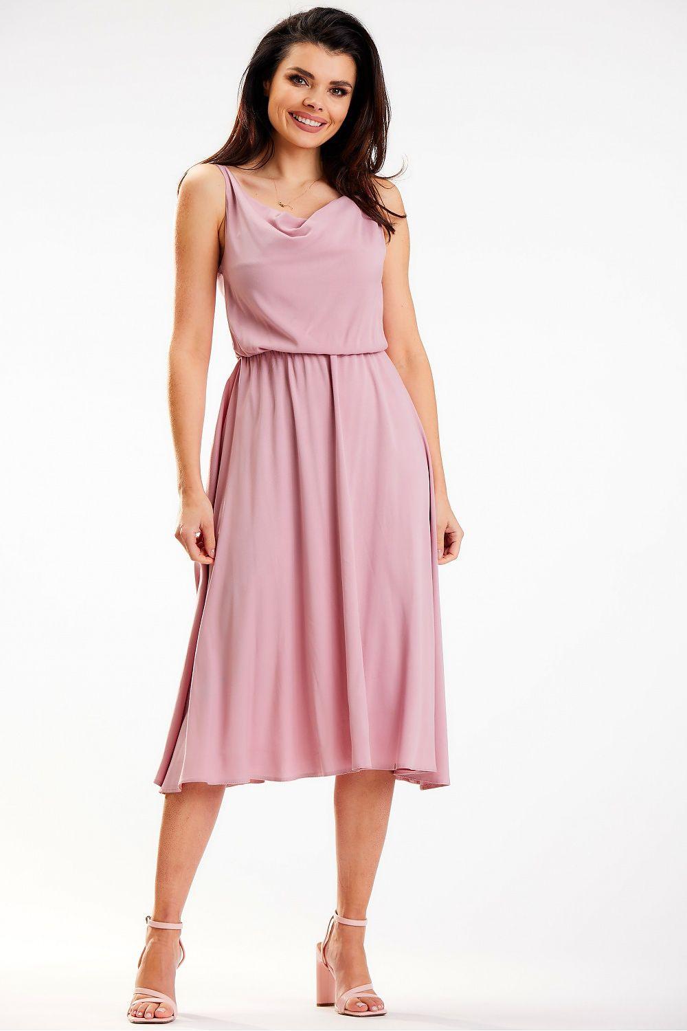 Pink sleeveless daydress with gathered waist and flowy midi skirt