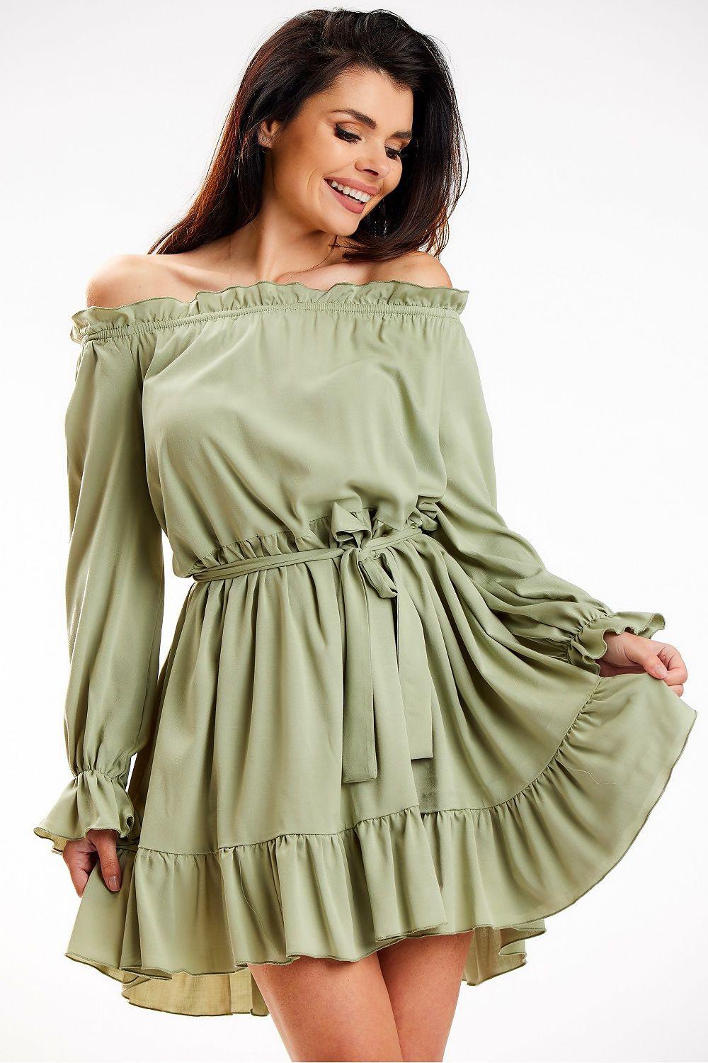 Olive off-shoulder daydress with tied waist, gathered skirt tiers, puff sleeves