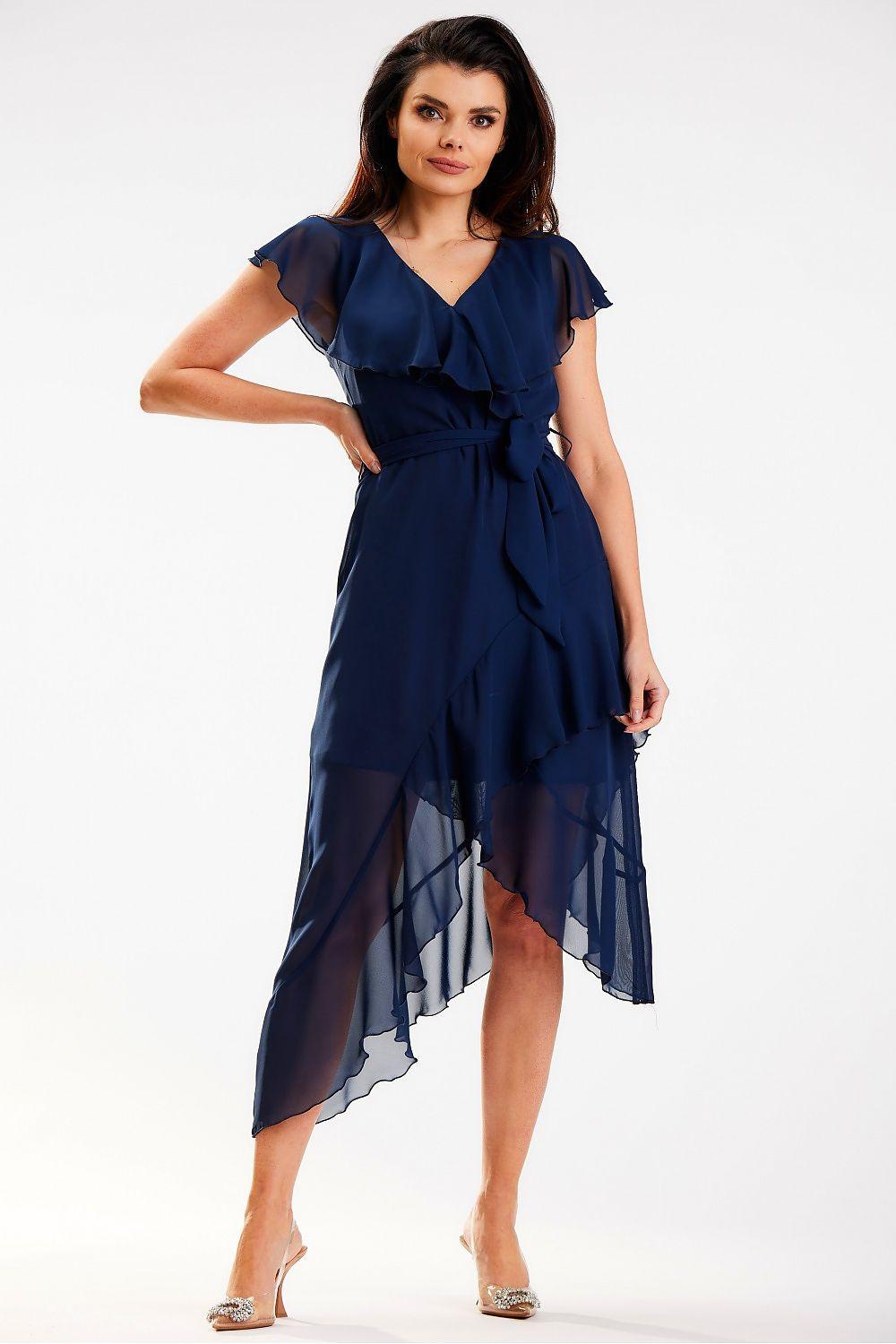 Navy blue daydress with ruffled flutter sleeves, V-neck, asymmetrical chiffon hem
