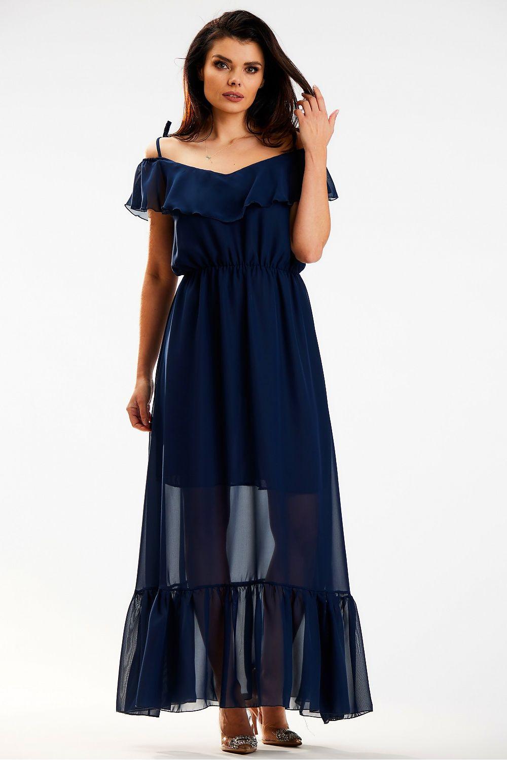 Navy blue off-shoulder daydress with ruffled neckline and tiered maxi skirt