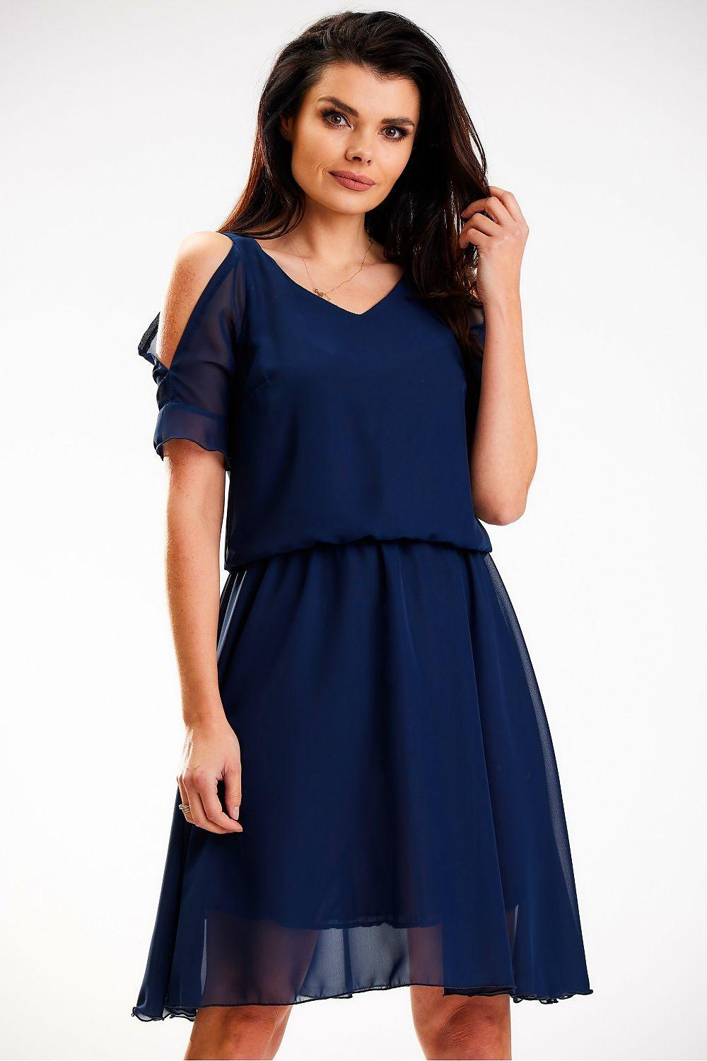 Navy blue V-neck day dress with cold-shoulder sleeves and tiered chiffon skirt