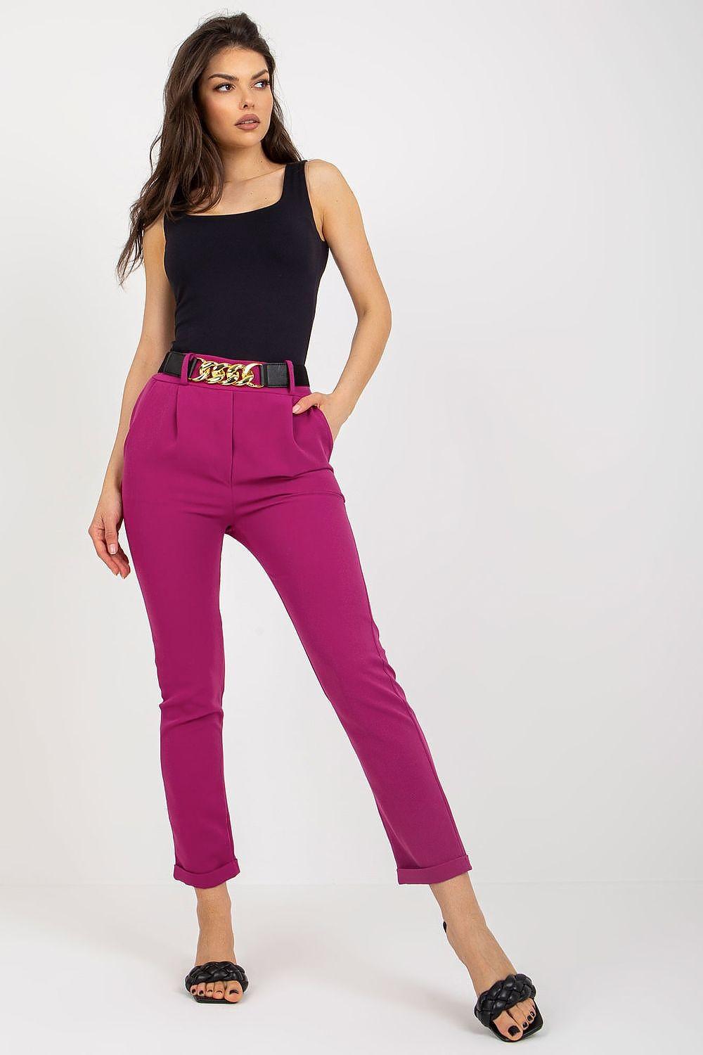 High-rise violet trousers with decorative belt at waist