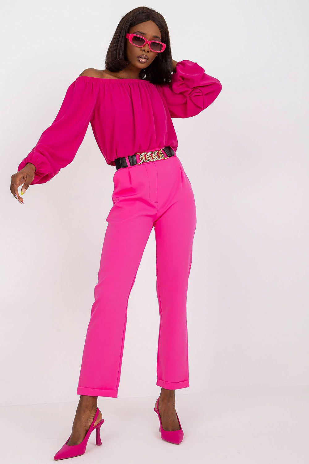 Pink women’s trousers with belt loops and straight tapered leg