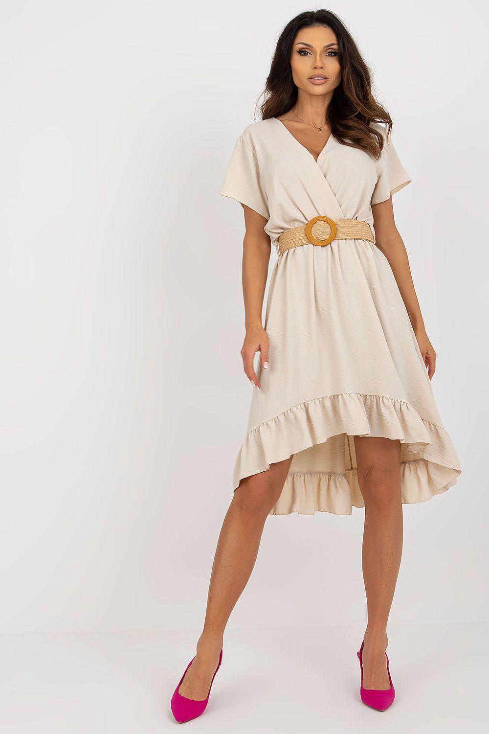 Beige V-neck short-sleeve daydress with gold-buckle belt and tiered ruffle hem