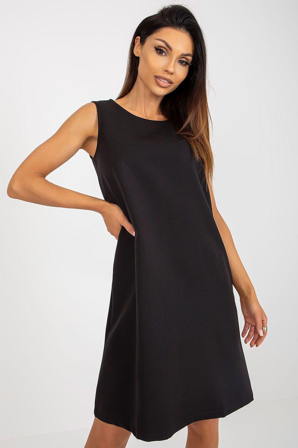 Black sleeveless daydress with crew neck, shift silhouette