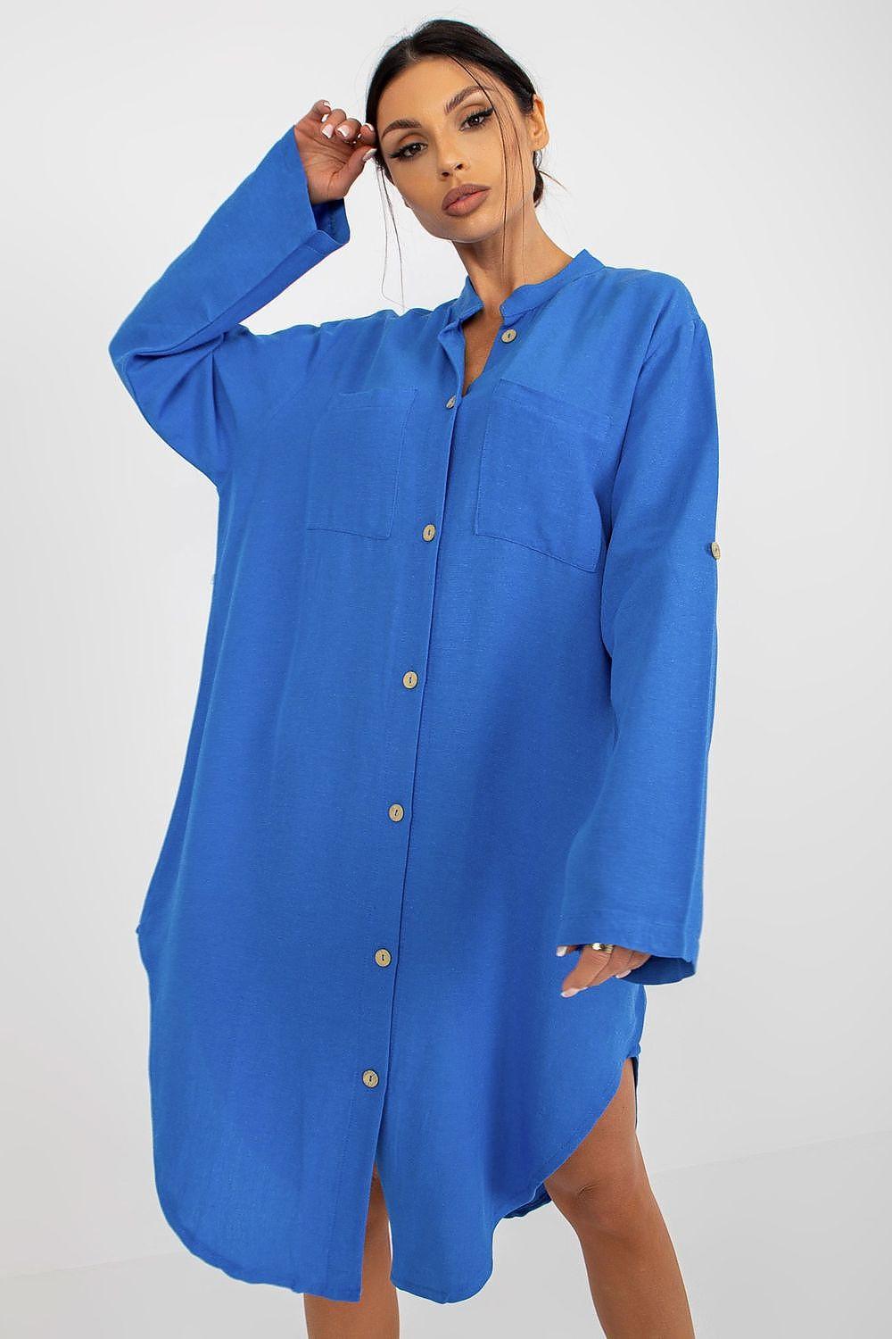 Blue button-front daydress with long sleeves and chest pocket, side-slit hem
