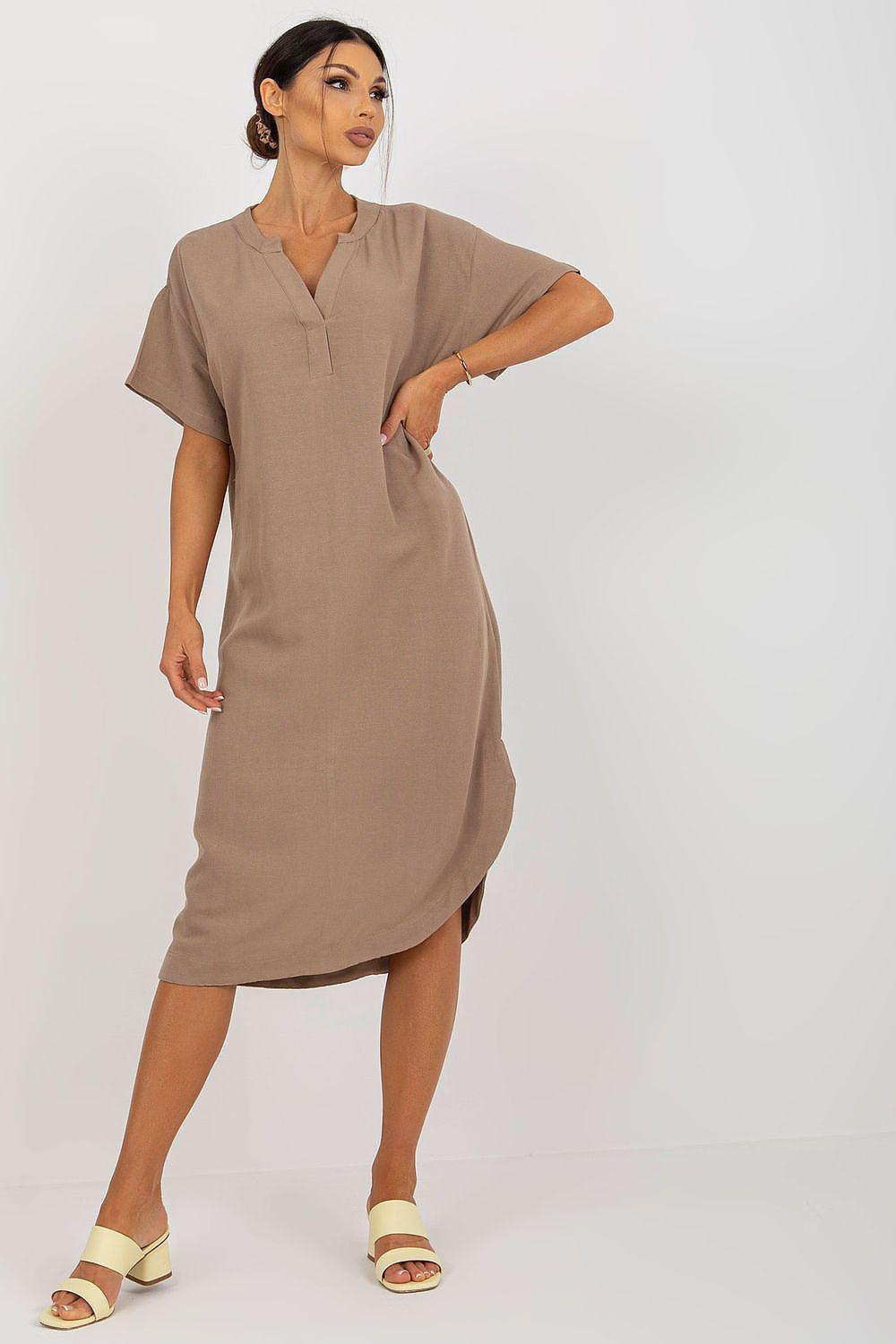 Beige V-neck short-sleeve midi daydress with relaxed fit and draped front