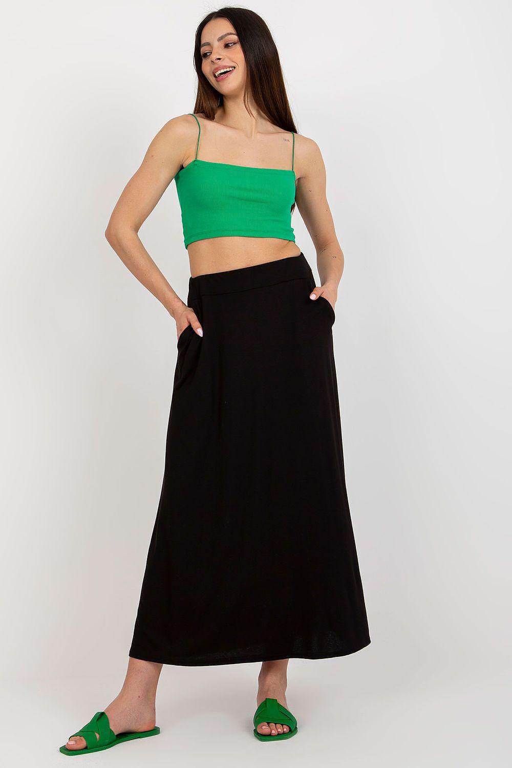 Long black draped skirt with wide waistband, midi length