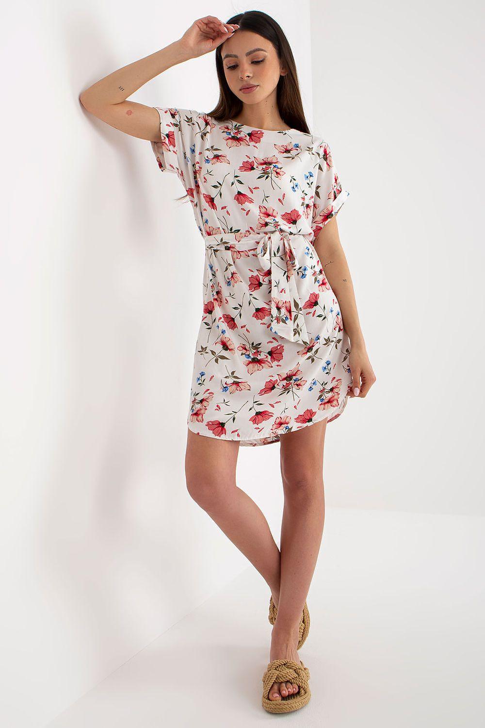 Red floral daydress with short sleeves, round neck, and waist tie belt