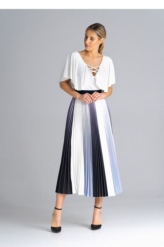 Ombré pleated midi skirt with vertical navy and white stripes