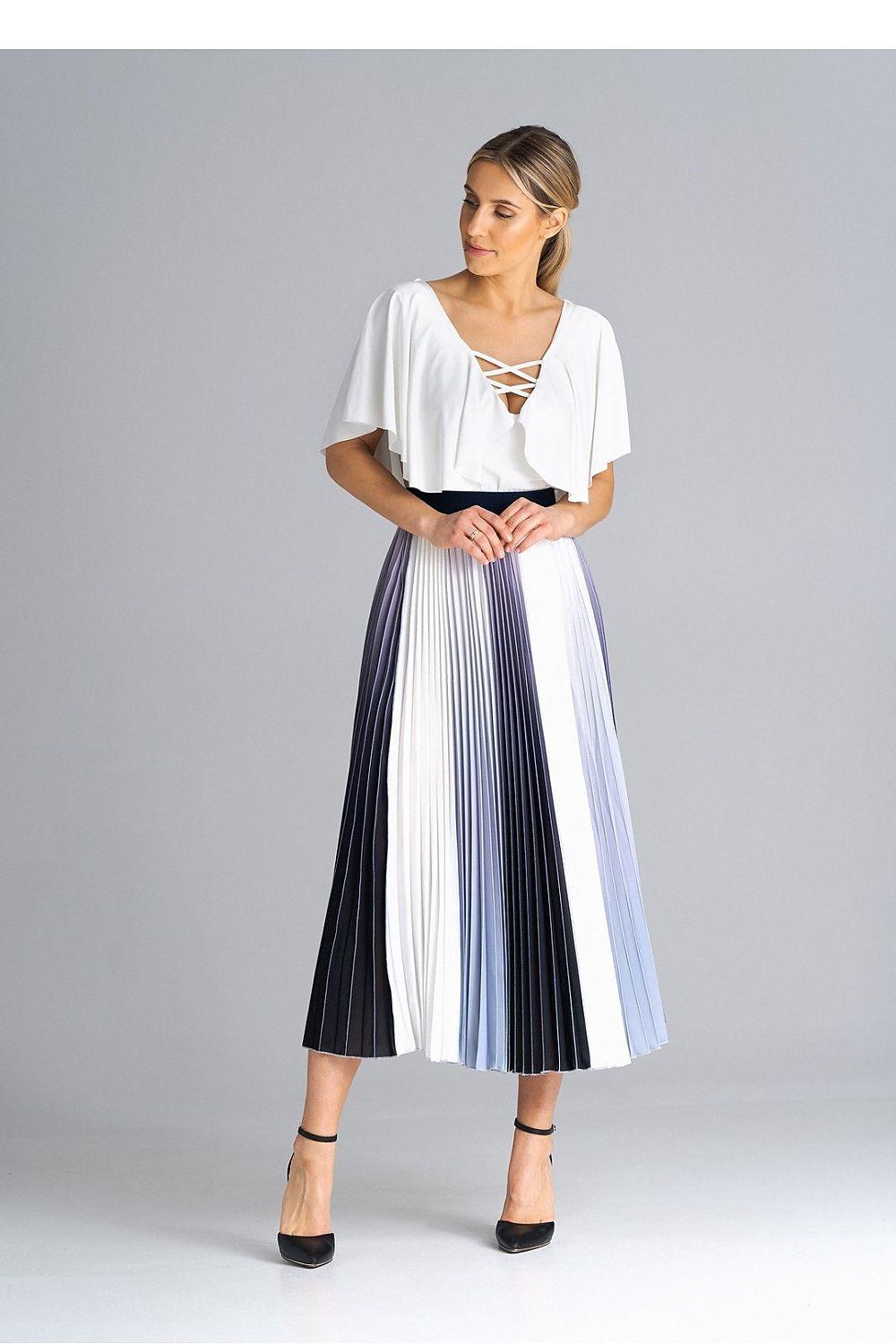 Midi pleated skirt with vertical stripes in white, navy and light blue