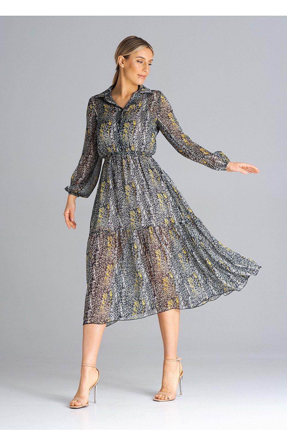 Women’s day dress, multicolor abstract print, long sleeves, midi length, gathered waist
