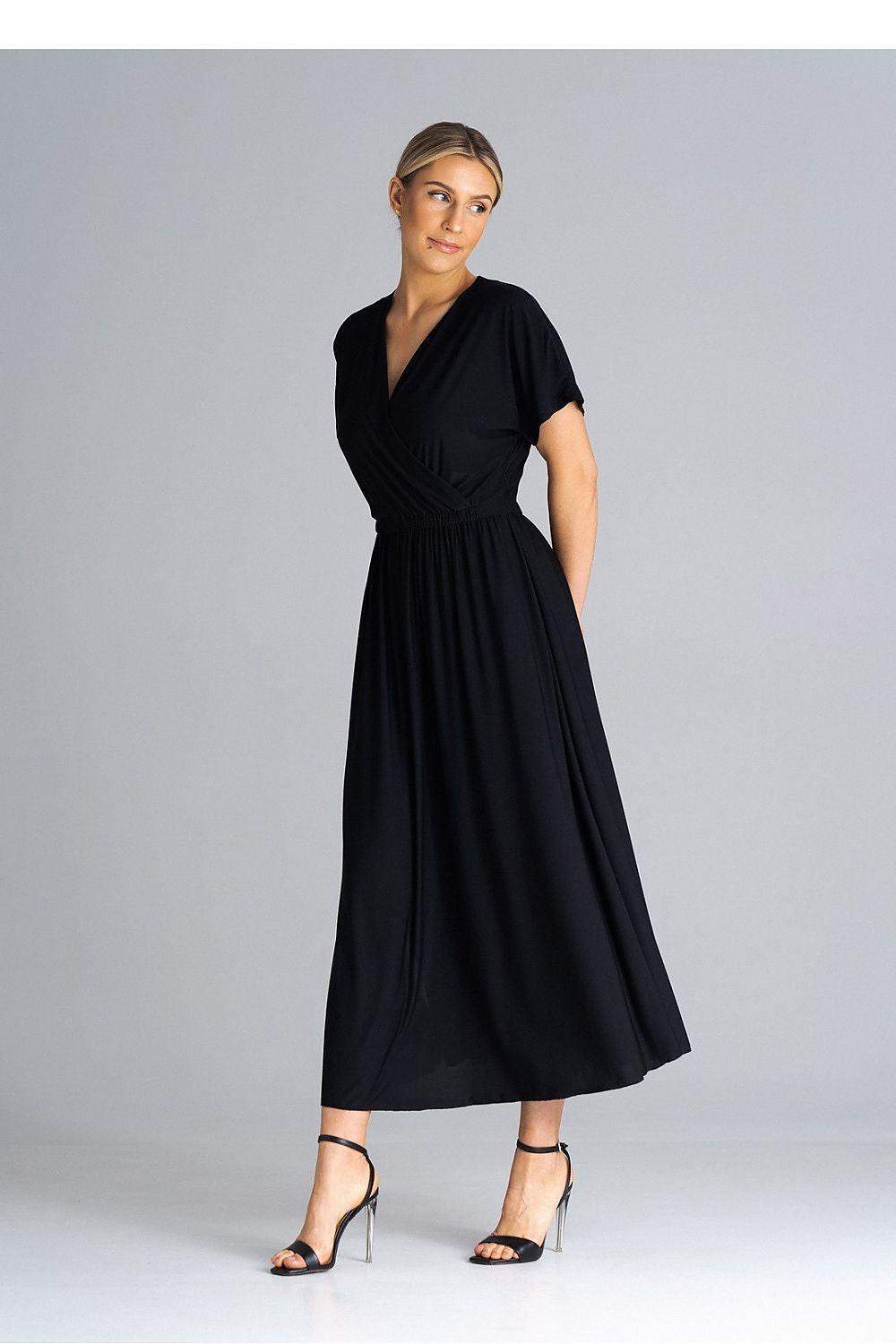 Black midi day dress with V-neck overlap, short sleeves, gathered waist