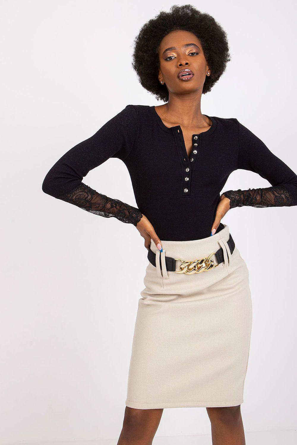 Black long-sleeve blouse with button placket and lace-look patterned cuffs