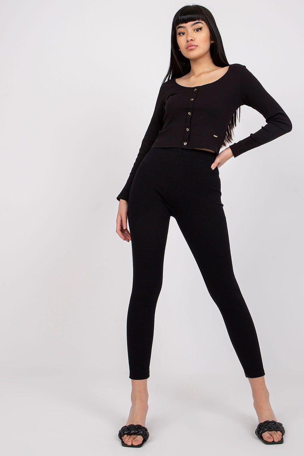 Black ribbed high-waist long leggings, full-length skinny fit
