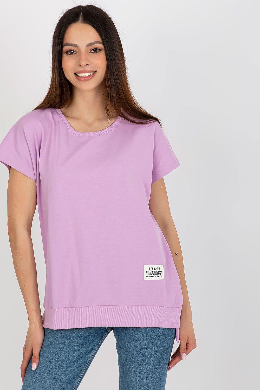 Violet loose-fit blouse with short sleeves and round neckline, cotton-blend fabric