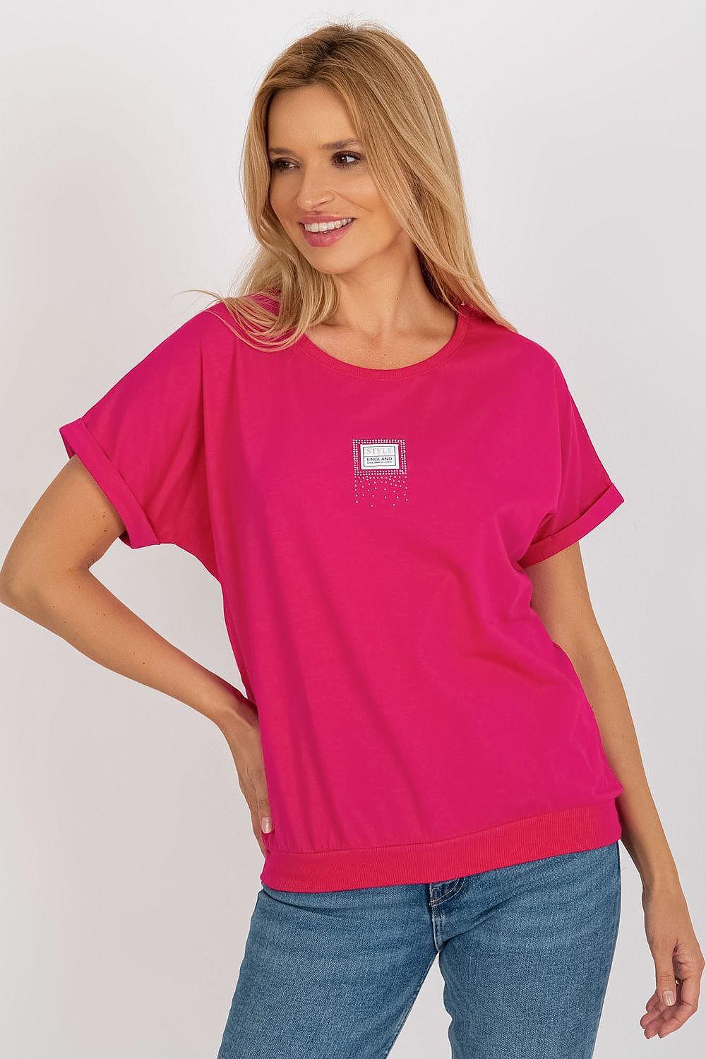 Pink short-sleeve blouse with crew neck and chest logo patch