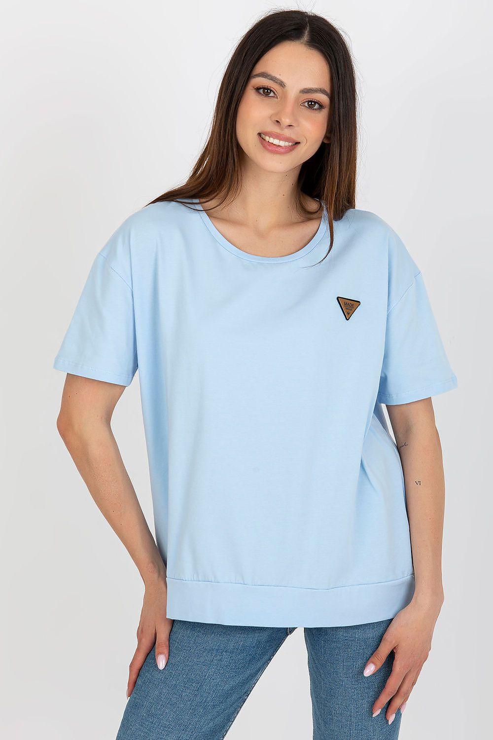 Blue cotton short-sleeve blouse with small triangle chest logo