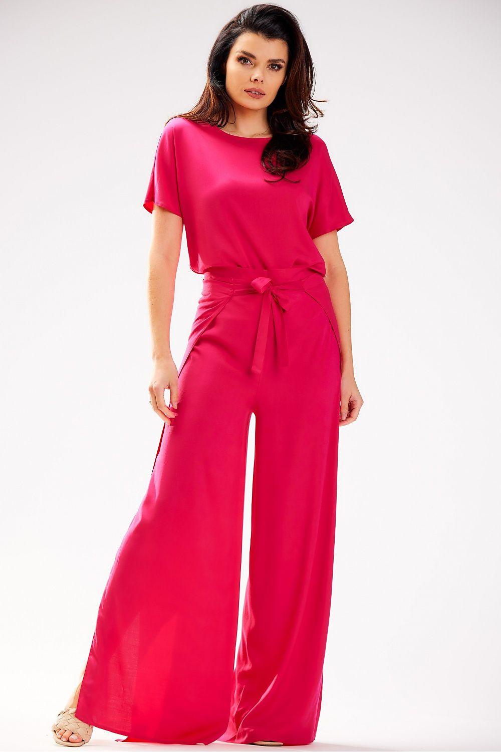Pink women’s wide-leg trousers with tie waist and flowing drape