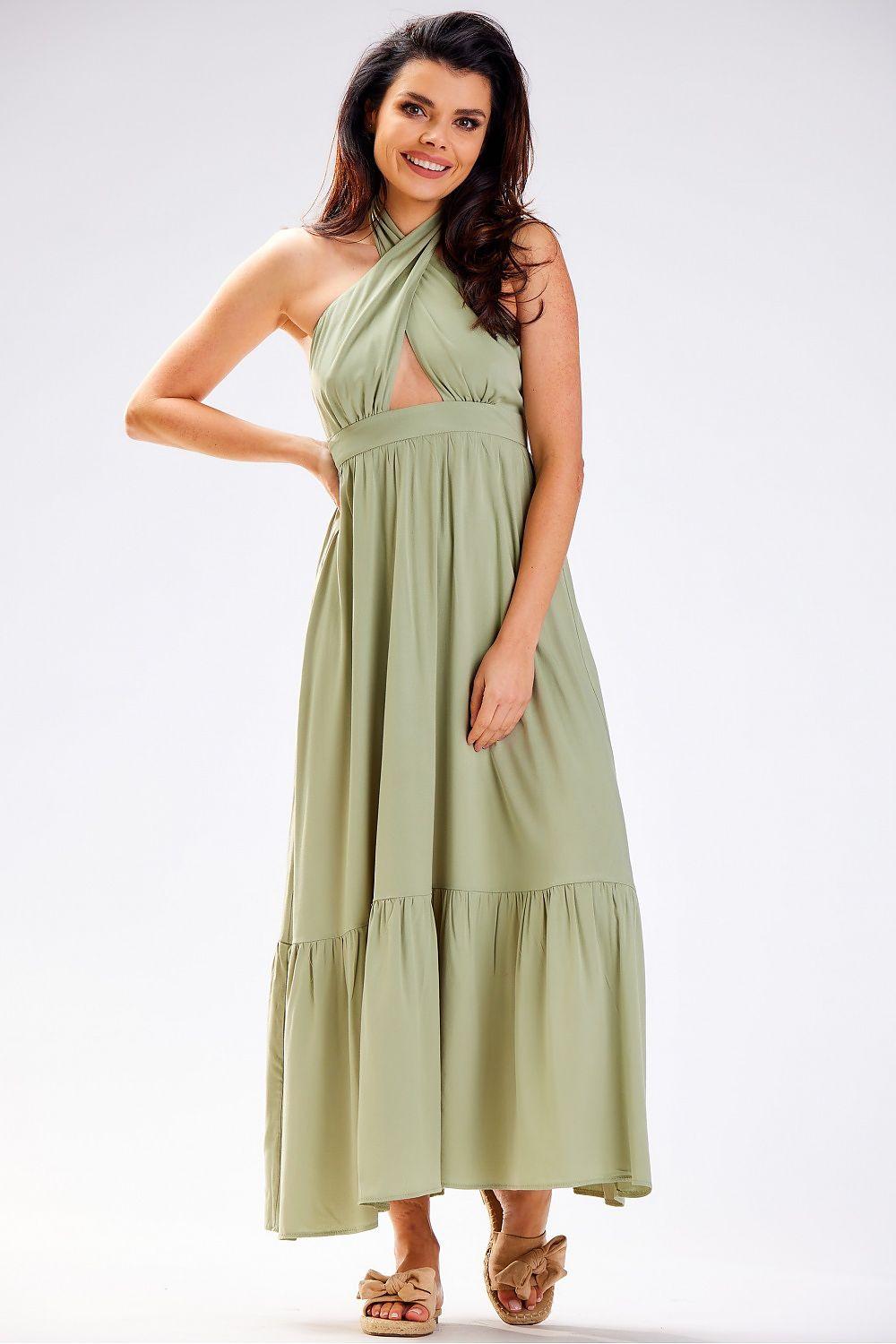 Awama daydress 181102, light green halter maxi with cutout bodice and tiered hem