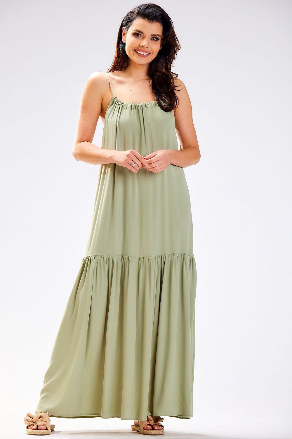 Sleeveless tiered maxi daydress, square neckline, olive green, flowing skirt
