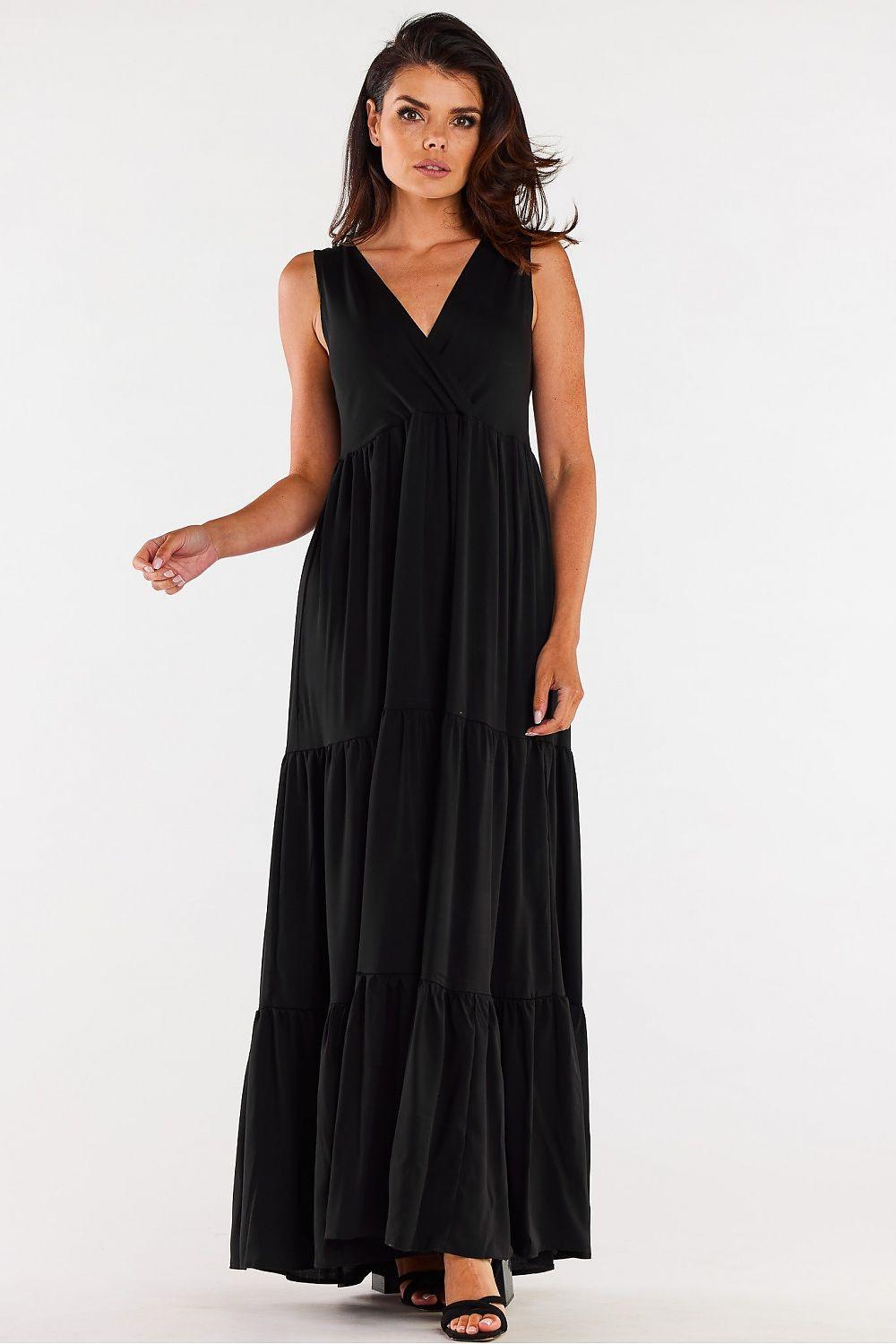 Black sleeveless tiered maxi day dress with V-neck and gathered waist