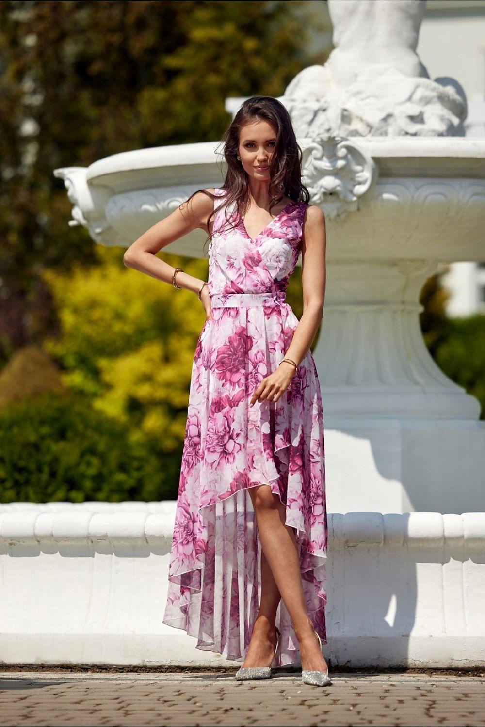 Pink floral sleeveless cocktail dress with V-neck and high-low asymmetric hem