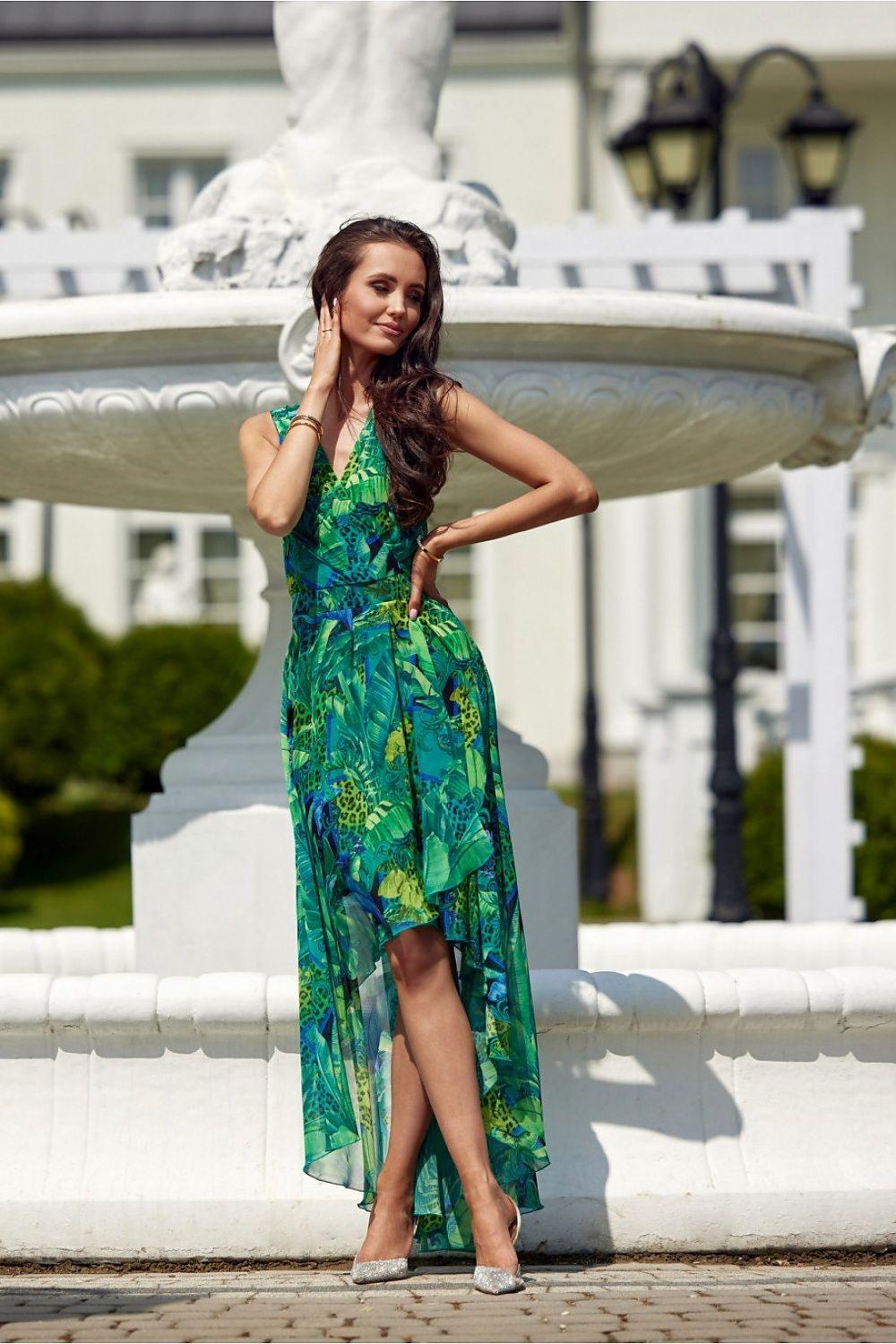 Green floral sleeveless cocktail dress with V-neck and high-low asymmetric hem