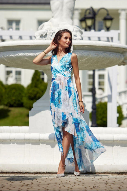 Light blue floral sleeveless cocktail dress with V-neck and high-low asymmetric hem