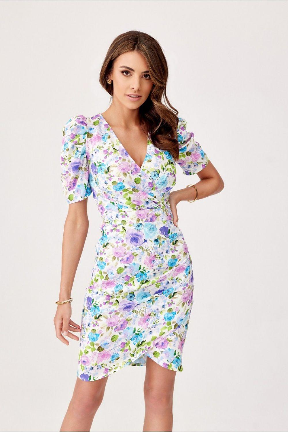 Cocktail dress with multicolor floral print, V-neck, short puff sleeves, fitted waist
